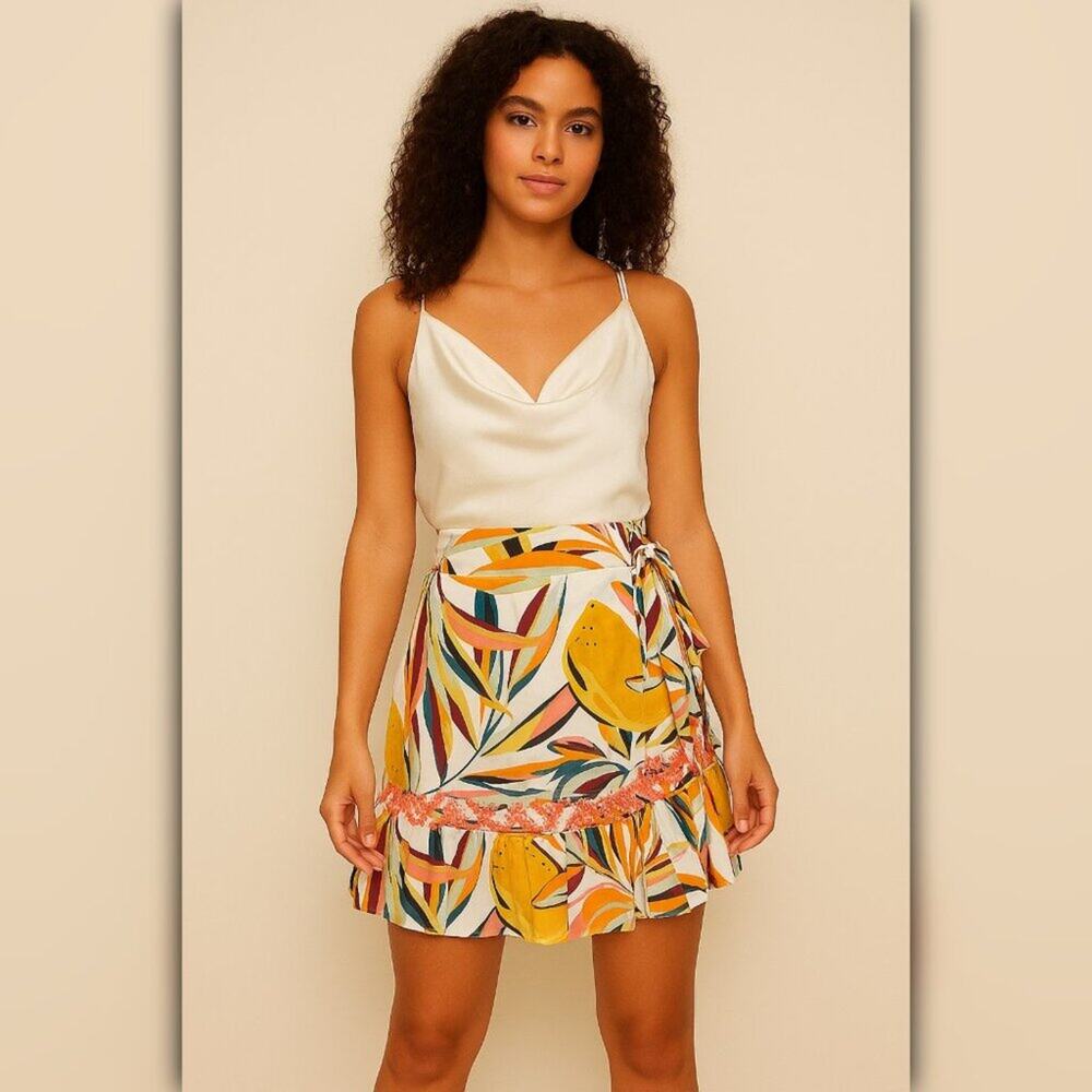 A384 • Tropical Leaf Print Wrap Skirt with Lace Trim